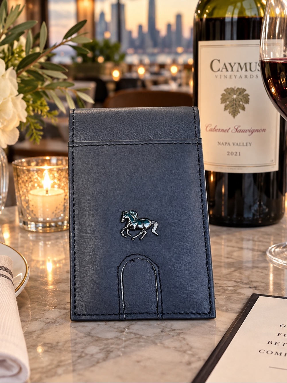 Men's Navy Leather Card & Key Holder with Horse Emblem